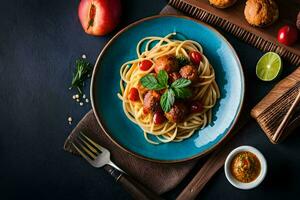 spaghetti with meatballs and tomatoes on a blue plate. AI-Generated photo