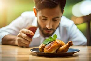 a man is looking at a plate of chicken. AI-Generated photo