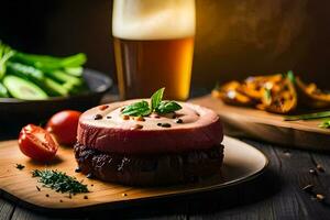 a steak with a beer on a wooden table. AI-Generated photo