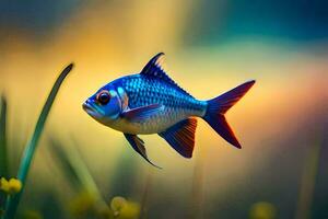 un pescado con azul y rojo aletas es nadando en el césped. generado por ai foto