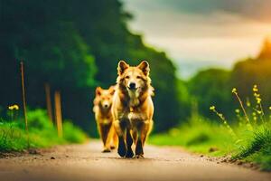 two dogs walking down a road in the country. AI-Generated photo