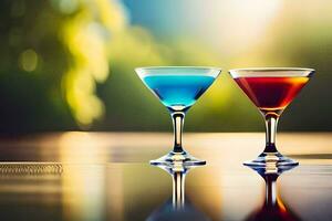two colorful cocktails on a table with blurred background. AI-Generated photo