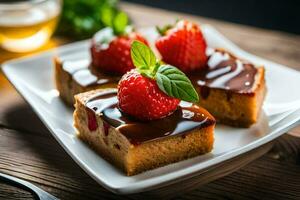 Tres piezas de pastel con fresas en un blanco lámina. generado por ai foto