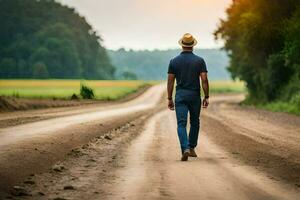 man walking on dirt road in rural area. AI-Generated photo
