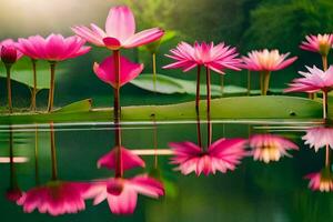 rosado loto flores en el agua con verde hojas. generado por ai foto
