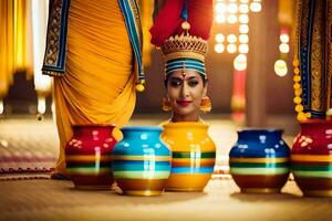 a woman in traditional indian clothing is holding colorful pots. AI-Generated photo
