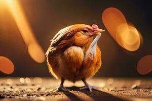 a chicken is standing on the ground with a light behind it. AI-Generated photo