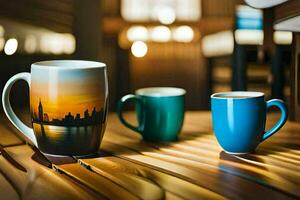 two coffee mugs on a table with a city skyline. AI-Generated photo