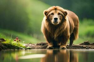 a lion standing in the water near a pond. AI-Generated photo