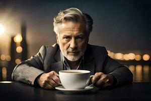 un más viejo hombre en un traje participación un taza de café. generado por ai foto