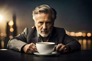 an older man in a suit holding a cup of coffee. AI-Generated photo