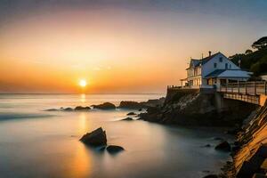 the sun sets over a house on the beach. AI-Generated photo