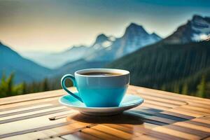 un taza de café en un mesa en frente de un montaña vista. generado por ai foto