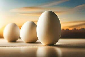 Tres huevos son en pie en un mesa con un puesta de sol en el antecedentes. generado por ai foto