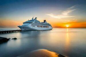 un crucero Embarcacion en el Oceano a puesta de sol. generado por ai foto