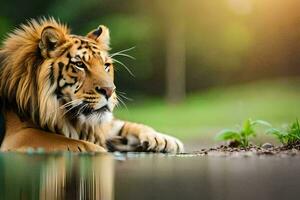 a tiger laying down in the water. AI-Generated photo