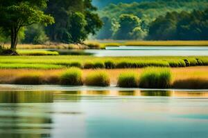 a river with grass and trees in the foreground. AI-Generated photo