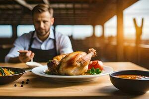 a man is eating a turkey on a table. AI-Generated photo