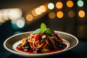 a plate of spaghetti with berries and basil. AI-Generated photo