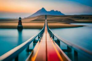 a bridge with a lighthouse in the background. AI-Generated photo