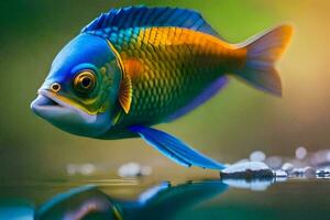 a fish with a blue and yellow body is reflected in the water. AI-Generated photo