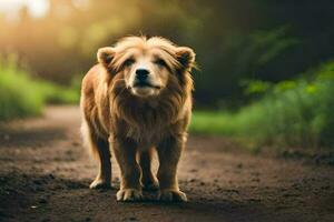 a dog is standing on a dirt road in the middle of a forest. AI-Generated photo