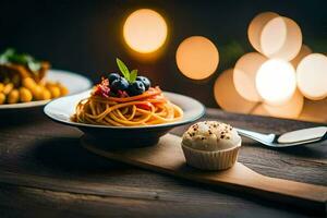 a plate of pasta and a cupcake on a table. AI-Generated photo