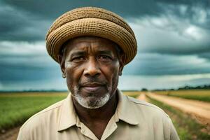 a man in a hat stands in a field. AI-Generated photo