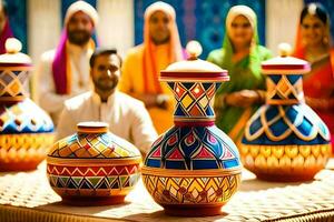 a group of people in colorful saris standing around a table with colorful vases. AI-Generated photo