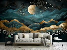 3d abstraction modern wall art night landscape with dark blue and golden turquoise mountains black background with moon and golden trees generative ai photo