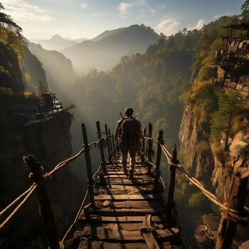 A backpacker crossing a rickety suspension bridge over a deep canyon generative ai photo
