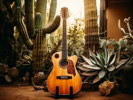 A guitar lying on the ground next to a cactus generative ai photo