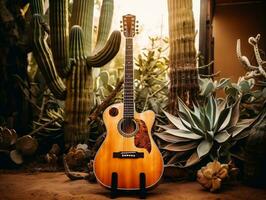 un guitarra acostado en el suelo siguiente a un cactus generativo ai foto