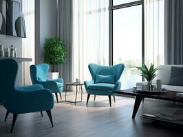 interior moderno vivo habitación con azul sillones y café mesa generativo ai foto