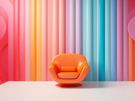Pastel multi-color vibrant groovy retro striped background wall frame with bright armchair interior home design generative ai photo