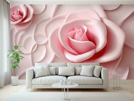 Living Room with Abstract Geometric Squares and Pink Flower Mural wall art generative ai photo