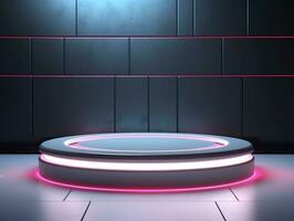 Beautiful futuristic modern podium with textured white wall and neon backlight generative ai photo