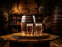 Beer glasses with beer barrel on table generative ai photo