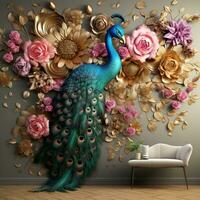 Luxury Flowers with Peacock Illustration Background. 3D Interior Mural Painting and wall art Decor generative ai photo