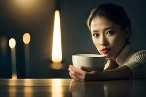 a woman holding a cup of coffee. AI-Generated photo