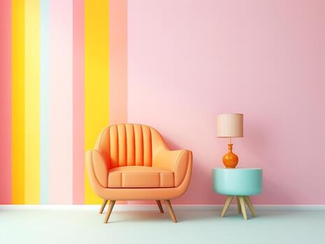 Pastel multi-color vibrant groovy retro striped background wall frame with bright armchair interior home design generative ai photo