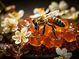 A captivating macro view of a busy beehive, with worker bees tirelessly collecting nectar from a variety of flowers generative ai photo