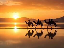 Camels silhouette on the salt lake at sunrise generative ai photo