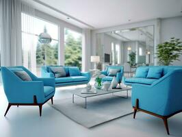 Interior modern living room with blue armchairs and coffee table generative ai photo