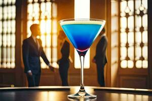 a blue cocktail in a martini glass on a table. AI-Generated photo