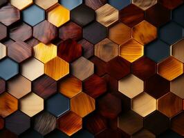 Abstract wooden seamless hexagonal mosaic tiles background with hexagons cubes in wooden texture generative ai photo