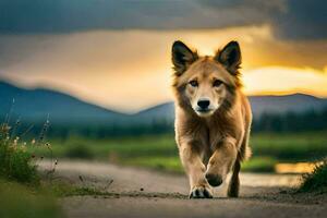 un perro caminando en un suciedad la carretera a puesta de sol. generado por ai foto