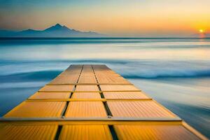 a wooden dock stretches out into the ocean at sunset. AI-Generated photo