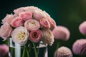 pink roses in a vase on a table. AI-Generated photo