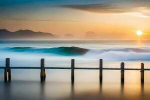 a pier in the ocean with waves crashing against it. AI-Generated photo